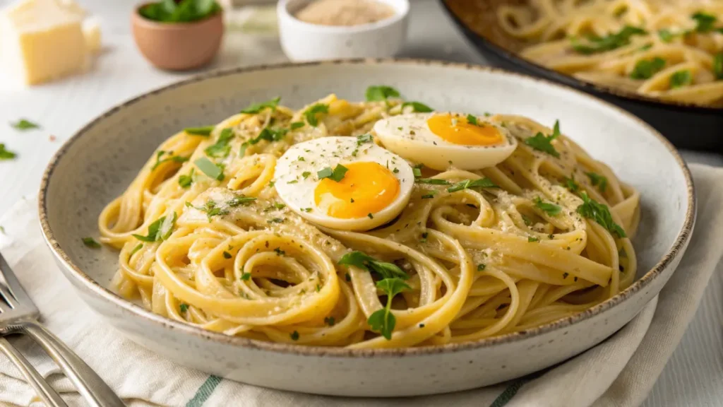 Pâtes crémeuses aux œufs avec parmesan et poivre noir, servies dans une assiette rustique
