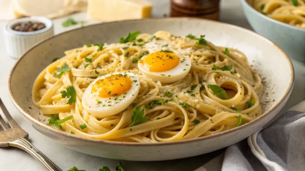 Pâtes crémeuses aux œufs avec parmesan et poivre noir, servies dans une assiette rustique