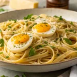 Pâtes crémeuses aux œufs avec parmesan et poivre noir, servies dans une assiette rustique