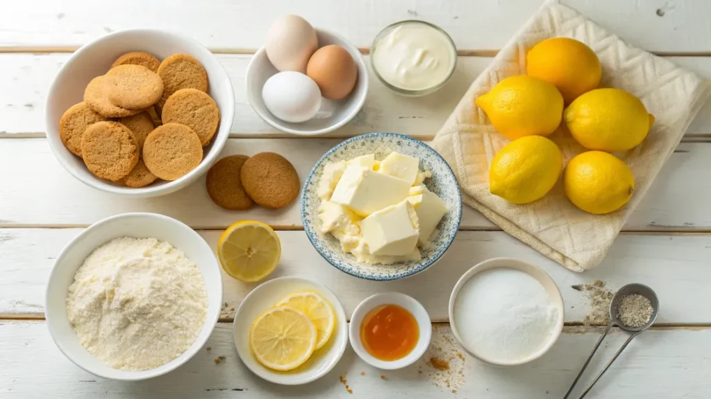Ingrédients pour préparer un Cheesecake Citron Sans Cuisson sur une table en bois