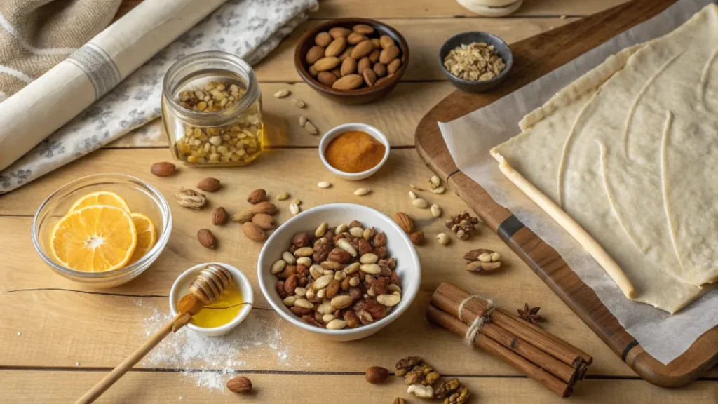Ingrédients pour préparer le Classique grec croquant : pâte filo, noix, miel, beurre et zestes d’agrumes