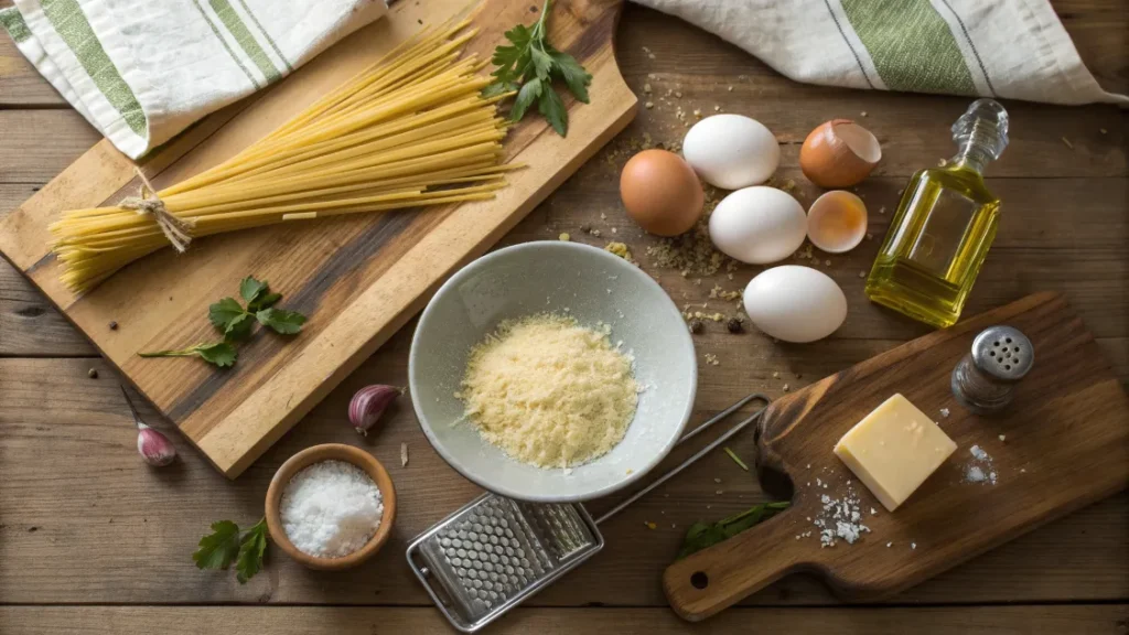 Ingrédients principaux des pâtes crémeuses aux œufs : pâtes, œufs, parmesan, ail et huile d’olive