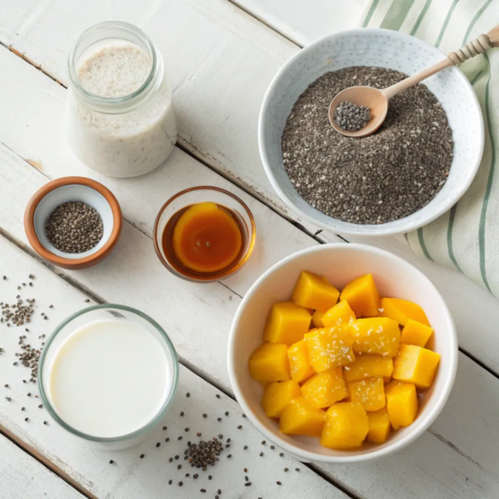 Photo des ingrédients pour préparer un chia coco mangue petit déj : graines de chia, mangue fraîche, lait de coco et miel.