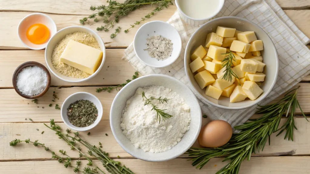 Ingrédients frais disposés pour préparer des cookies salés apéritif gourmand, avec farine, fromage, beurre, herbes et graines