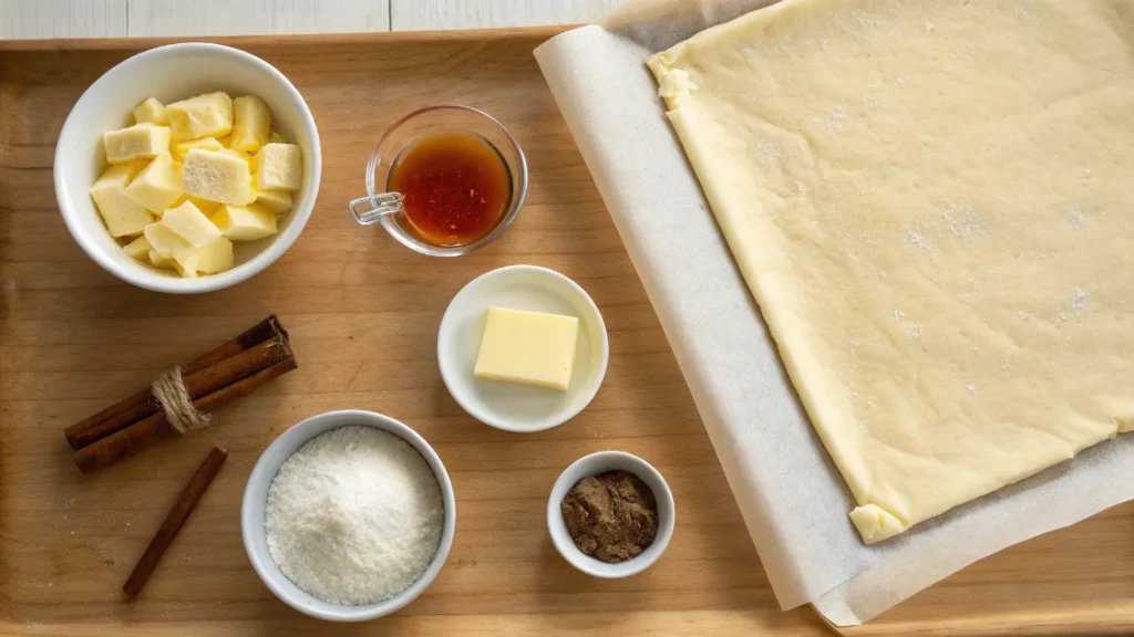 Ingrédients frais pour préparer un Kouign-amann Express : pâte feuilletée, beurre, sucre et épices