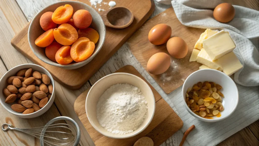 Ingrédients frais pour préparer une tarte moelleuse abricots amandes : abricots, amandes, beurre, sucre, œufs et farine