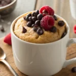 Mug cake sain et rapide dans une tasse blanche, garni de chocolat noir et de fruits frais.