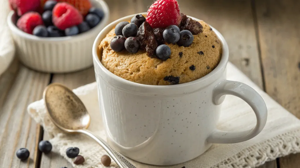 Mug cake sain et rapide dans une tasse blanche, garni de chocolat noir et de fruits frais.