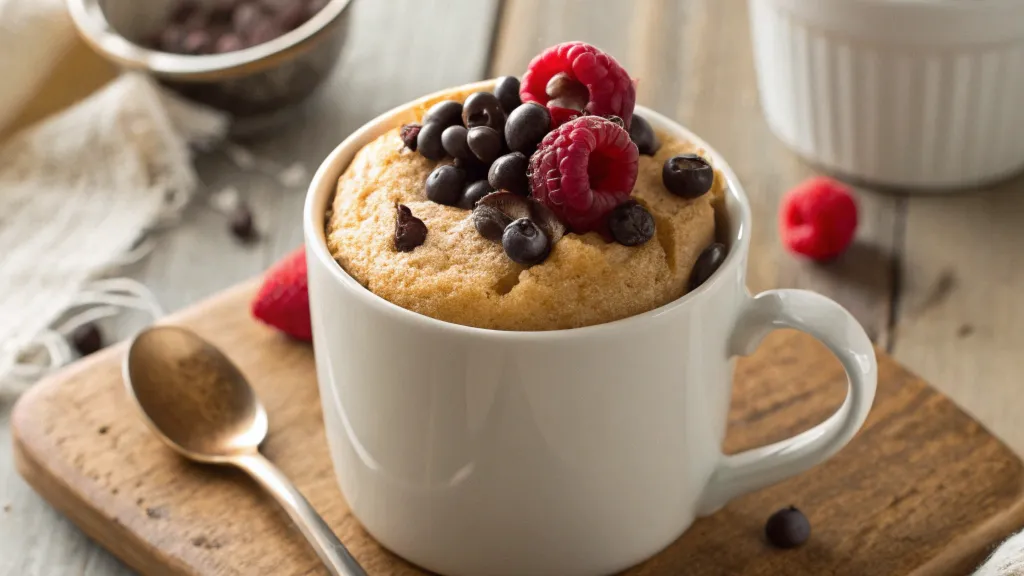 Mug cake sain et rapide dans une tasse blanche, garni de chocolat noir et de fruits frais.