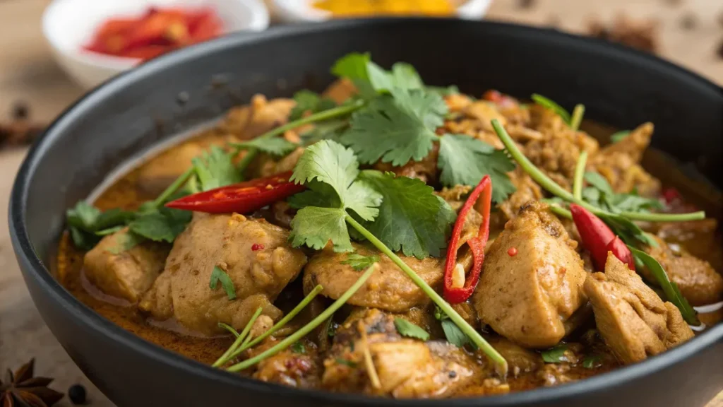 Poulet vietnamien aromatique doré et croustillant, garni de coriandre et oignons verts, servi avec du riz jasmin