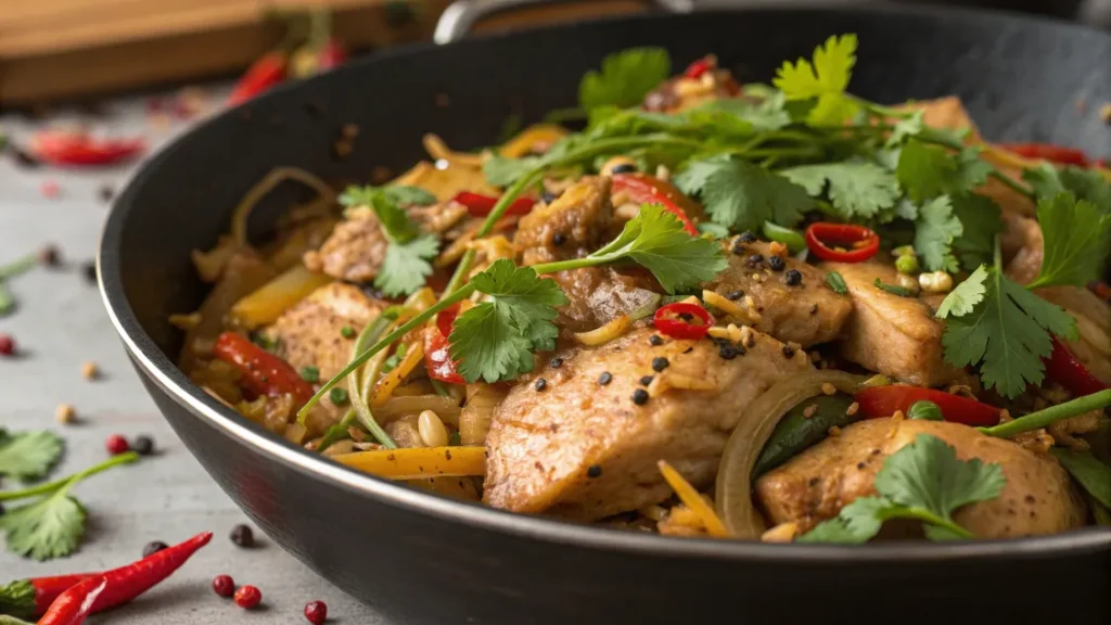 Poulet vietnamien aromatique doré et croustillant, garni de coriandre et oignons verts, servi avec du riz jasmin