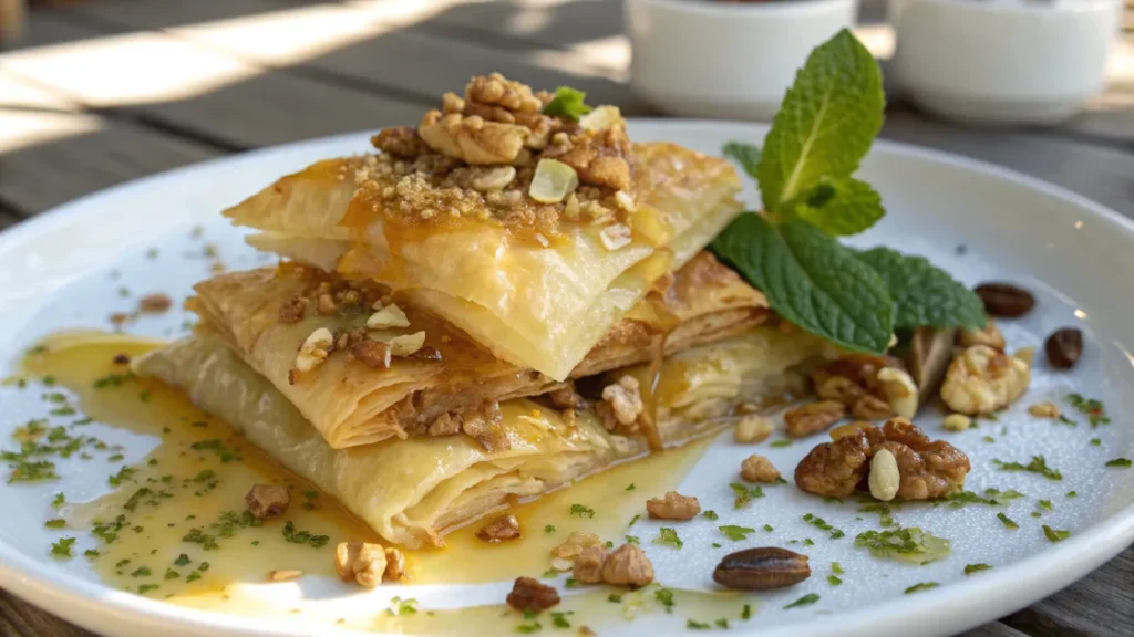 Classique grec croquant croustillant avec pâte phyllo, miel, noix et pistaches, dessert grec traditionnel