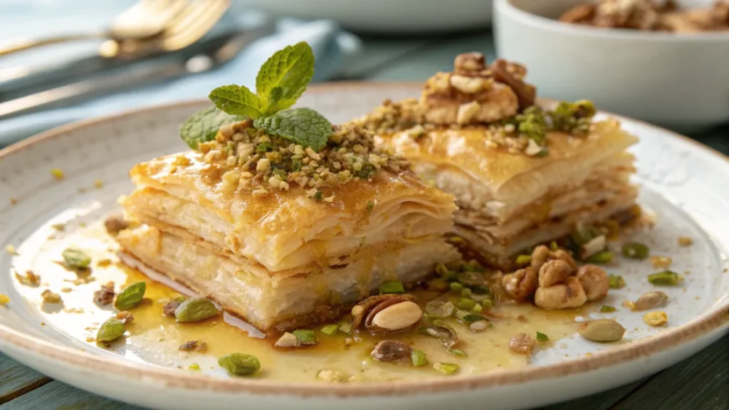 Classique grec croquant croustillant avec pâte phyllo, miel, noix et pistaches, dessert grec traditionnel