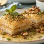 Classique grec croquant croustillant avec pâte phyllo, miel, noix et pistaches, dessert grec traditionnel
