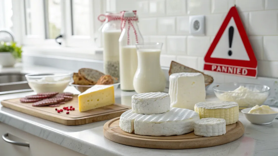 Produits alimentaires Carrefour rappelés sur un plan de cuisine avec icône d’alerte