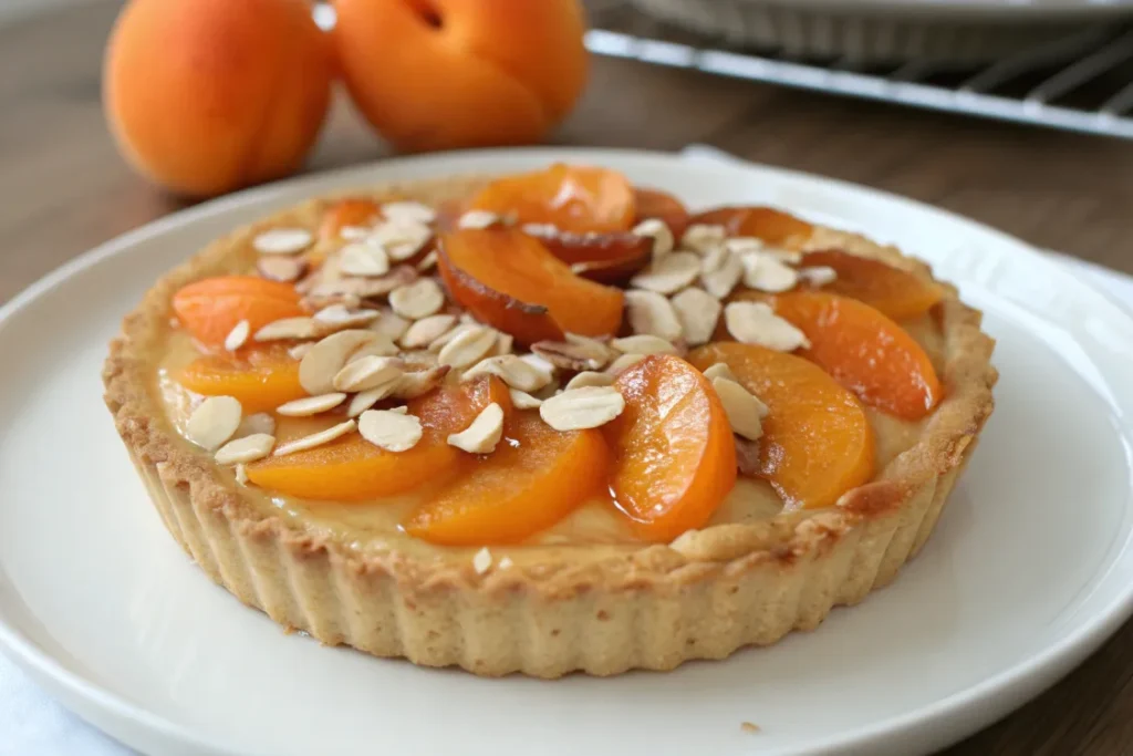 Tarte moelleuse aux abricots et amandes sur table en bois, dessert français doré et moelleux
