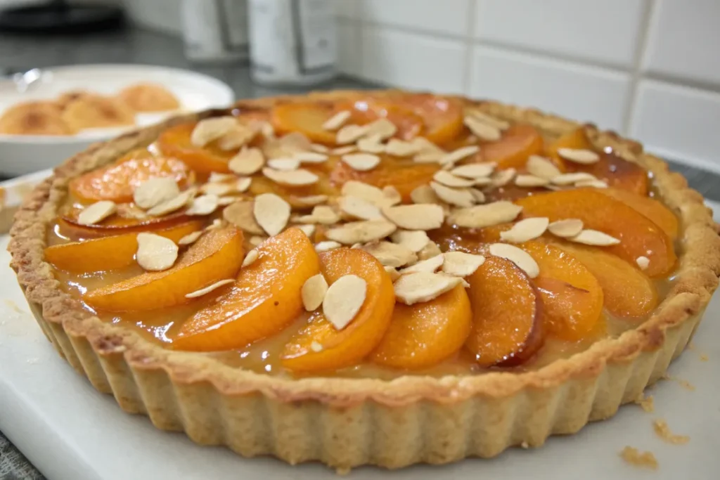 Tarte moelleuse aux abricots et amandes sur table en bois, dessert français doré et moelleux