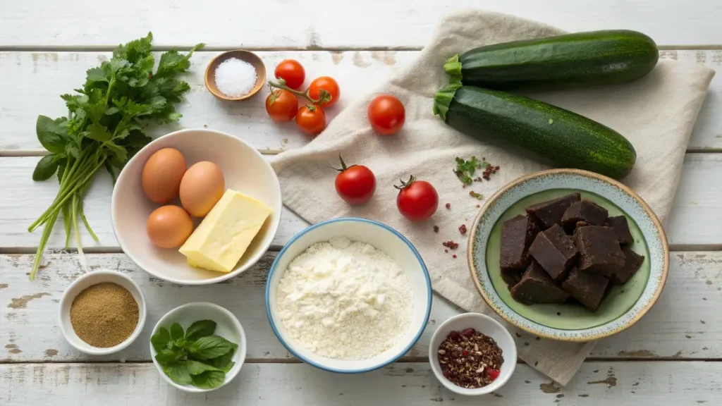 Ingrédients frais pour préparer un brownie salé original et gourmand