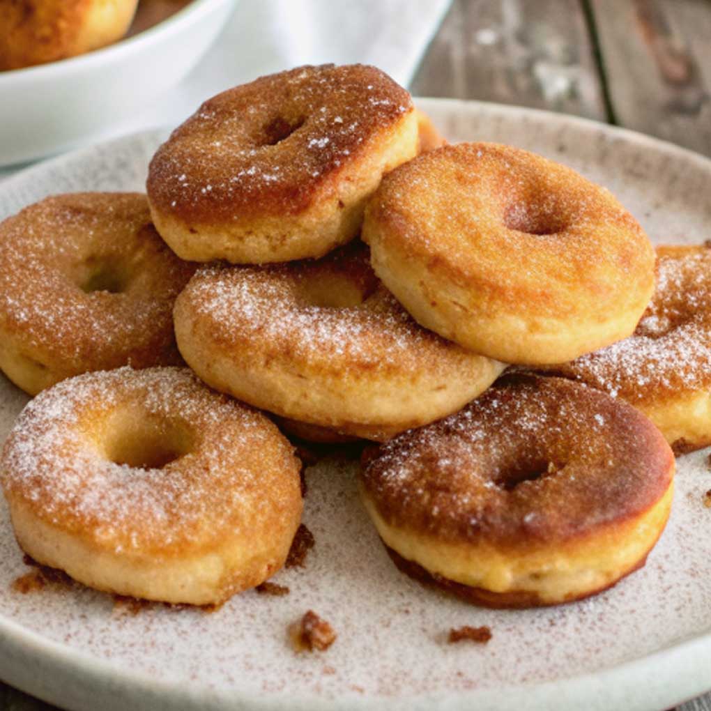 Frisch gebackene Apfelküchlein ohne Zucker auf Teller mit Zimt und Apfelscheiben, gesundes Dessert ohne raffinierten Zucker