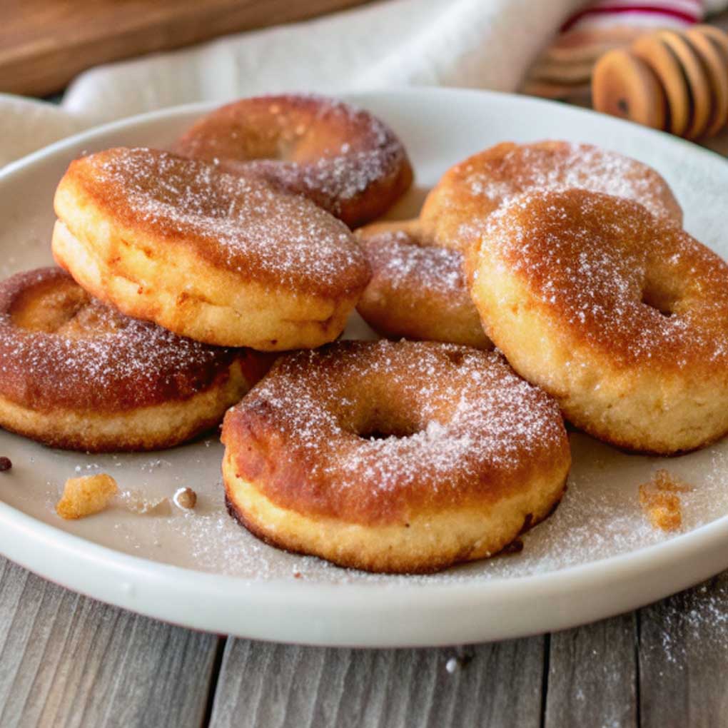 Frisch gebackene Apfelküchlein ohne Zucker auf Teller mit Zimt und Apfelscheiben, gesundes Dessert ohne raffinierten Zucker