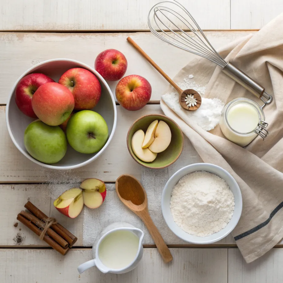 Draufsicht auf Zutaten für Apfelküchlein ohne Zucker mit Äpfeln, Mehl, Eiern, Milch und Zimt auf Holztisch
