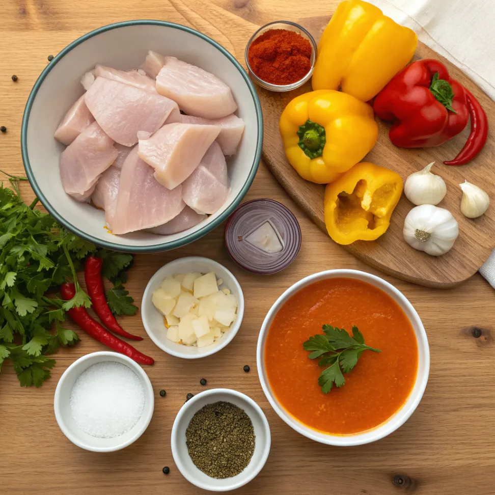 Hähnchen Geschnetzeltes mit Paprika Sahne Sauce Zutaten – Frische Zutaten für cremiges Hähnchengericht