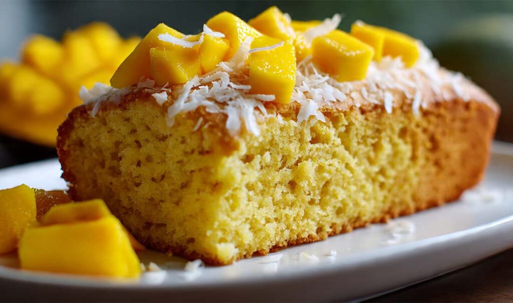Ein detailreiches Food-Foto zeigt den Mango-Kastenkuchen mit Kokos – einen exotischen, saftigen Kastenkuchen mit frischen Mangostücken und gerösteten Kokosraspeln. Perfekt für den Sommer und ideal als süßes Dessert oder Kaffeekuchen.