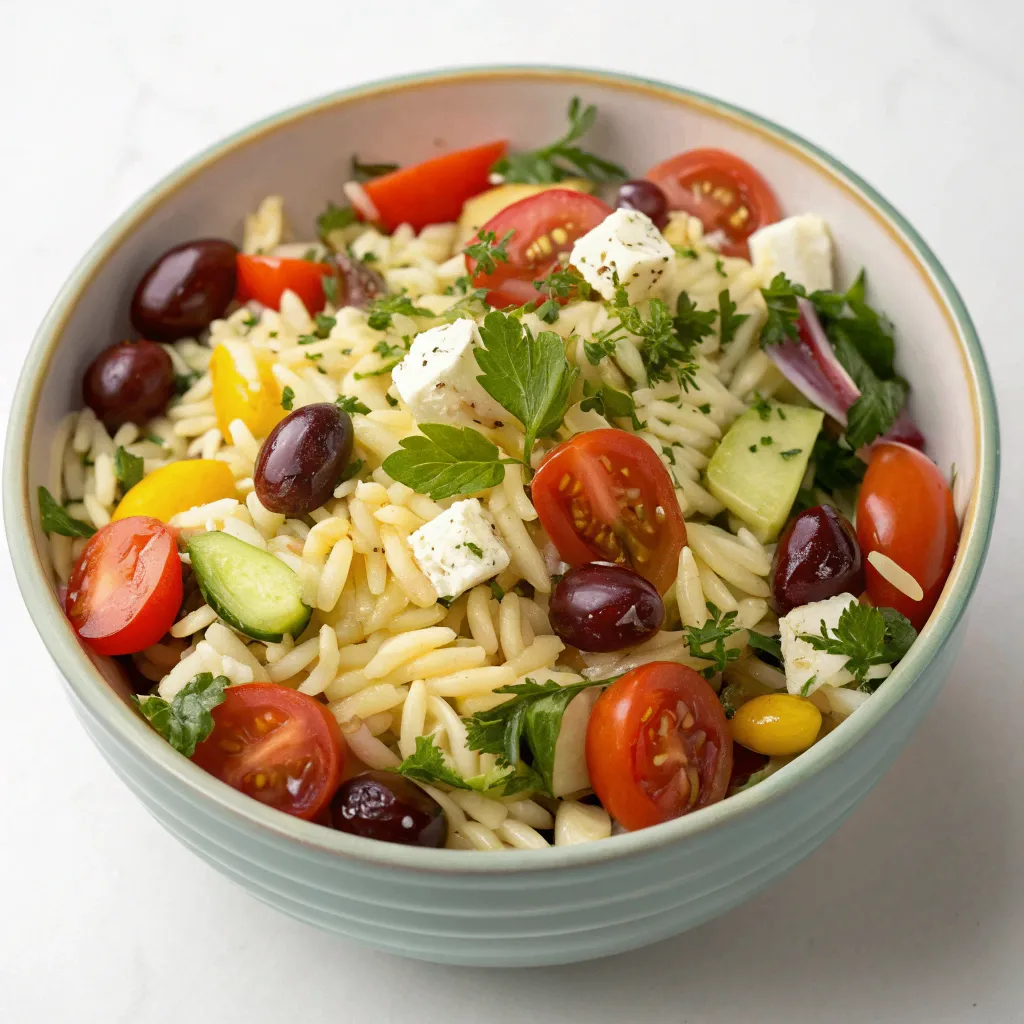 Mediterraner Orzo-Salat mit Orzo-Nudeln, Feta, Tomaten, Gurken und Oliven, angerichtet in einer Schüssel auf Holztisch