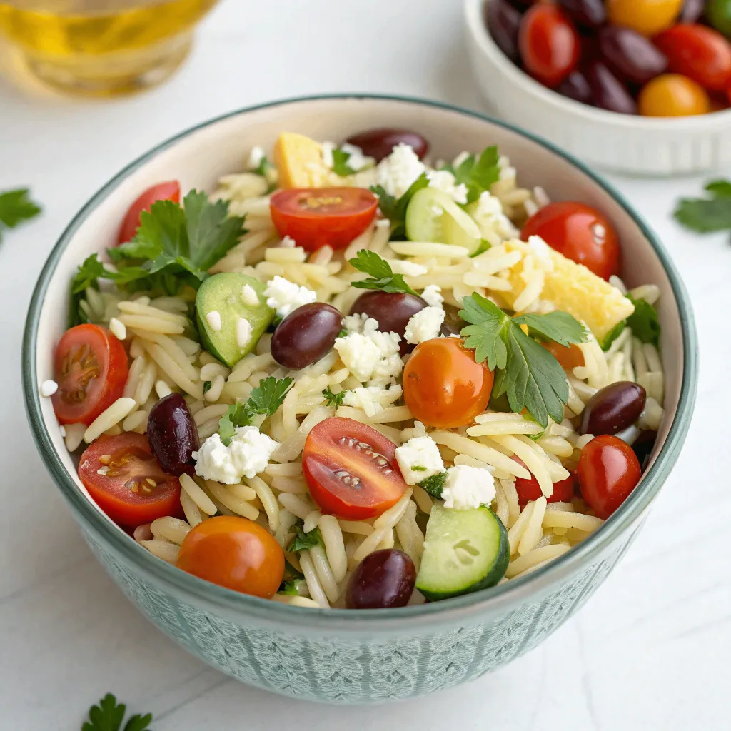 Mediterraner Orzo-Salat mit Orzo-Nudeln, Feta, Tomaten, Gurken und Oliven, angerichtet in einer Schüssel auf Holztisch