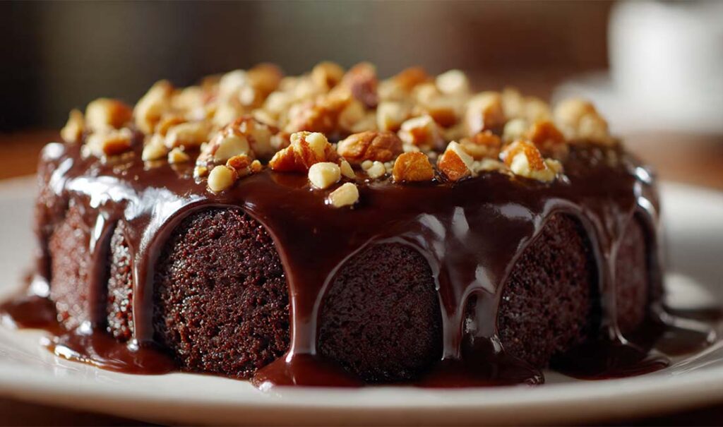 Saftiger Million-Nuts-Cake im Schoko-Überfluss mit glänzender Schokoladenglasur und gehackten Nüssen auf einem Teller, dekoriert für Food-Blog