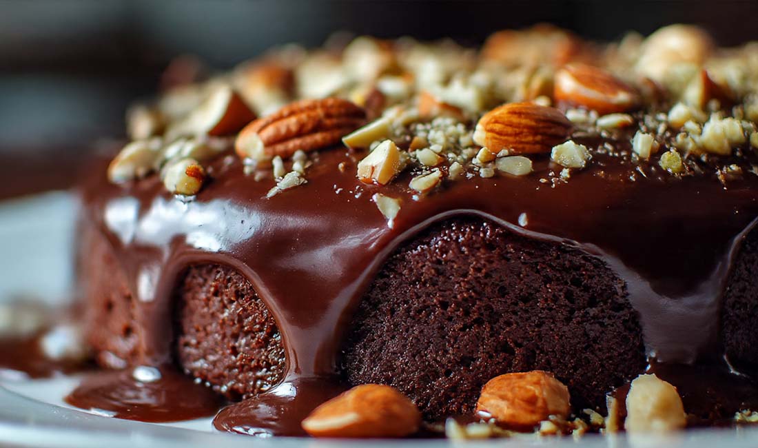 Saftiger Million-Nuts-Cake im Schoko-Überfluss mit glänzender Schokoladenglasur und gehackten Nüssen auf einem Teller, dekoriert für Food-Blog