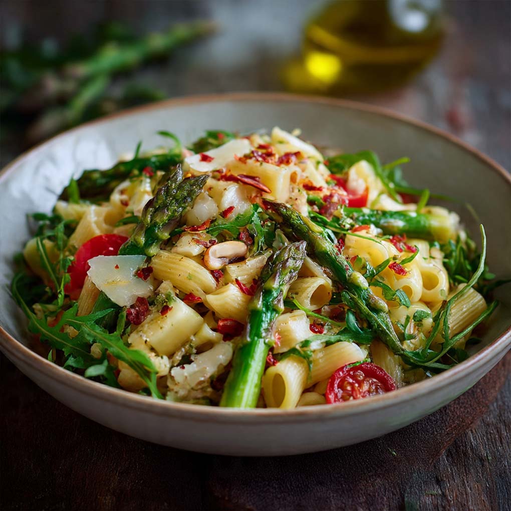 Mediterraner Pasta-Spargel-Salat mit grünem Spargel, Cherrytomaten, Oliven und Feta, serviert auf einem weißen Teller