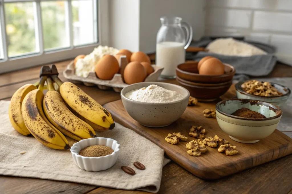 Zutaten für saftiges Bananenbrot ohne Zucker: reife Bananen, Mehl, Eier, Kokosöl und Walnüsse auf Holztisch