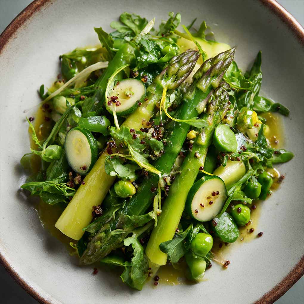Dieser Spargelsalat mit grünem Gemüse kombiniert knackigen grünen Spargel, frisches Blattgemüse, Erbsen und Frühlingszwiebeln. Leicht mit Olivenöl und Zitronensaft angemacht, ist dieser gesunde Salat voller Vitamine und ideal für Frühling und Sommer.