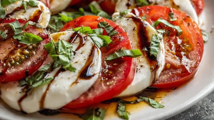 Tomaten-Mozzarella-Salat mit frischen Tomaten, Mozzarella und Basilikum, serviert auf einem weißen Teller mit Olivenöl