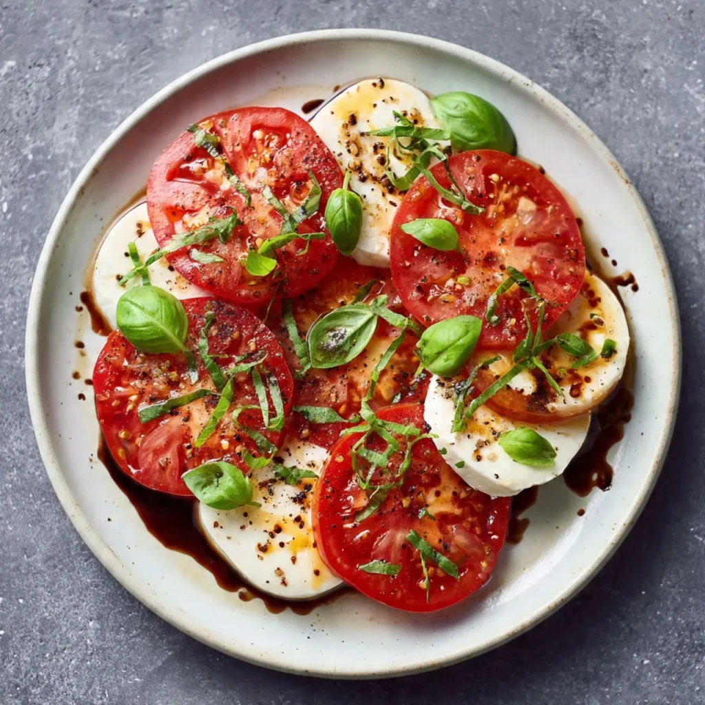 Tomaten-Mozzarella-Salat mit frischen Tomaten, Mozzarella und Basilikum, serviert auf einem weißen Teller mit Olivenöl