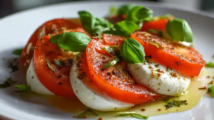 Tomaten-Mozzarella-Salat mit frischen Tomaten, Mozzarella und Basilikum, serviert auf einem weißen Teller mit Olivenöl