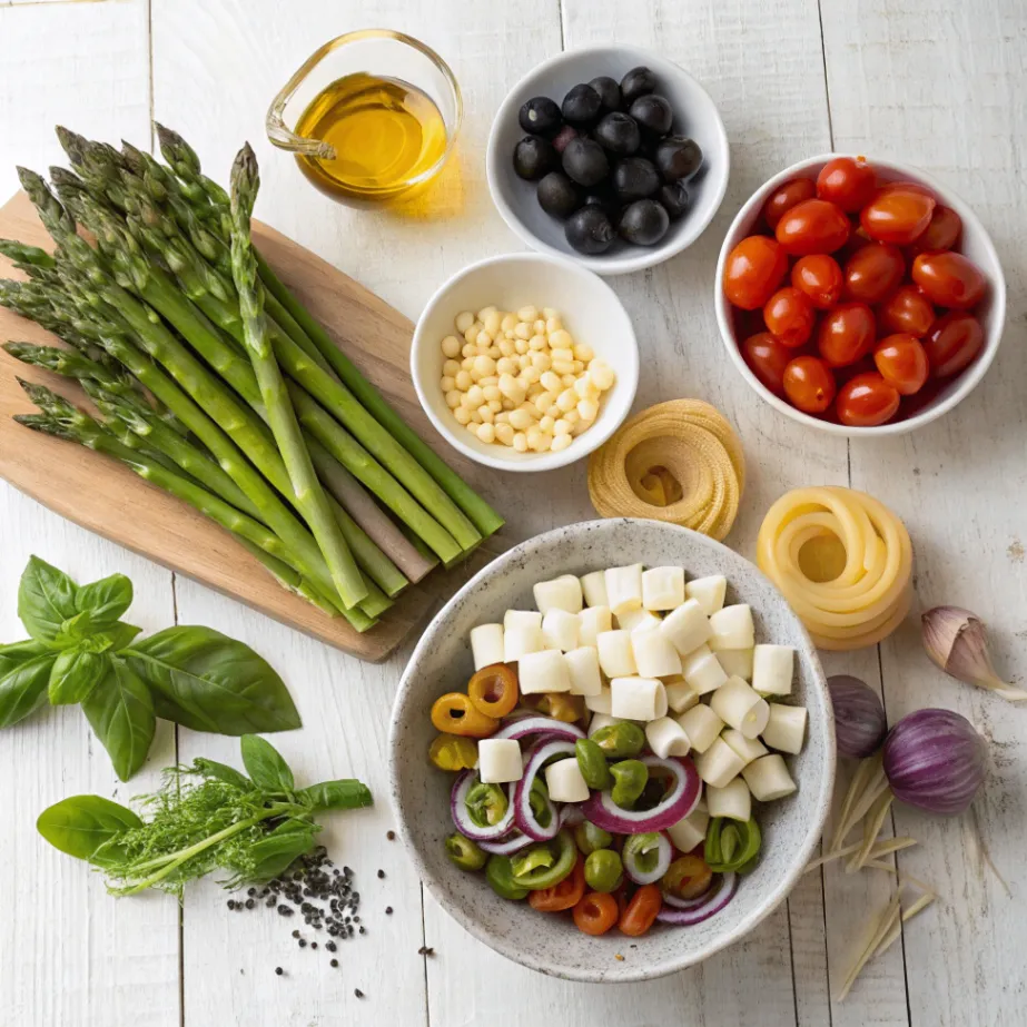 Frische Zutaten für Pasta-Spargel-Salat mediterran auf Holztisch