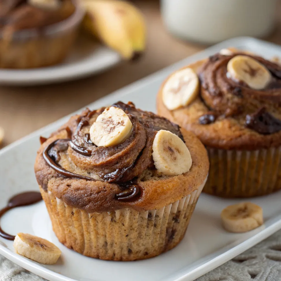 Saftige Nutella-Bananen-Muffins mit cremigem Nutella-Swirl und frischen Bananen auf einem Holztisch