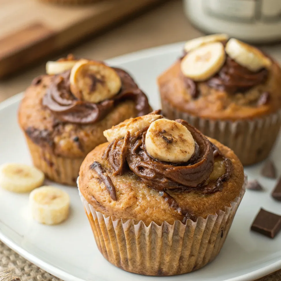 Saftige Nutella-Bananen-Muffins mit cremigem Nutella-Swirl und frischen Bananen auf einem Holztisch