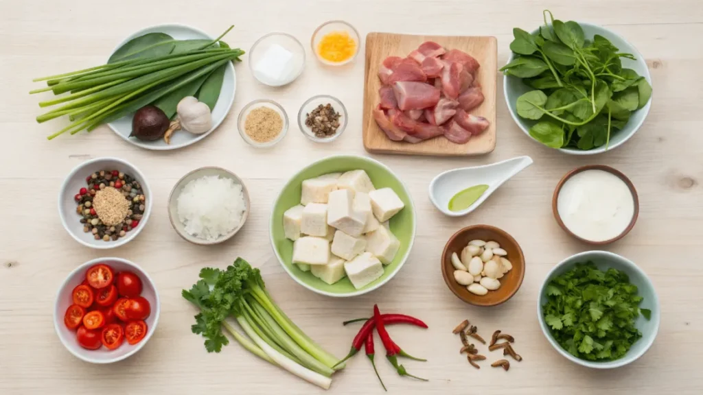 Dieses Bild zeigt alle Zutaten für das thailändische Panang Hähnchen Curry: Hähnchen, Paprika, Zwiebeln, Currypaste, Kokosmilch und frische Kräuter. Perfekt zum einfachen Nachkochen des Rezepts.
