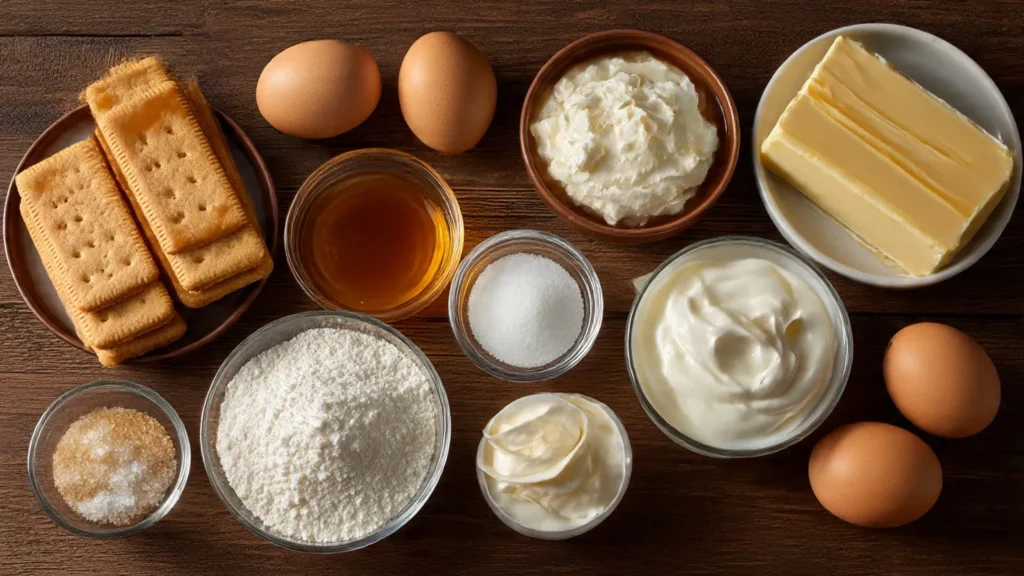 Dieses Bild zeigt alle Zutaten für den Gesalzenen Karamell-Käsekuchen: Butterkekse oder Digestive Kekse, Frischkäse, Eier, Zucker, Schlagsahne, Vanilleextrakt, Butter, Zucker für Karamell, Sahne und Meersalz. Ideal für die Zubereitung eines cremigen, süß-salzigen Desserts.