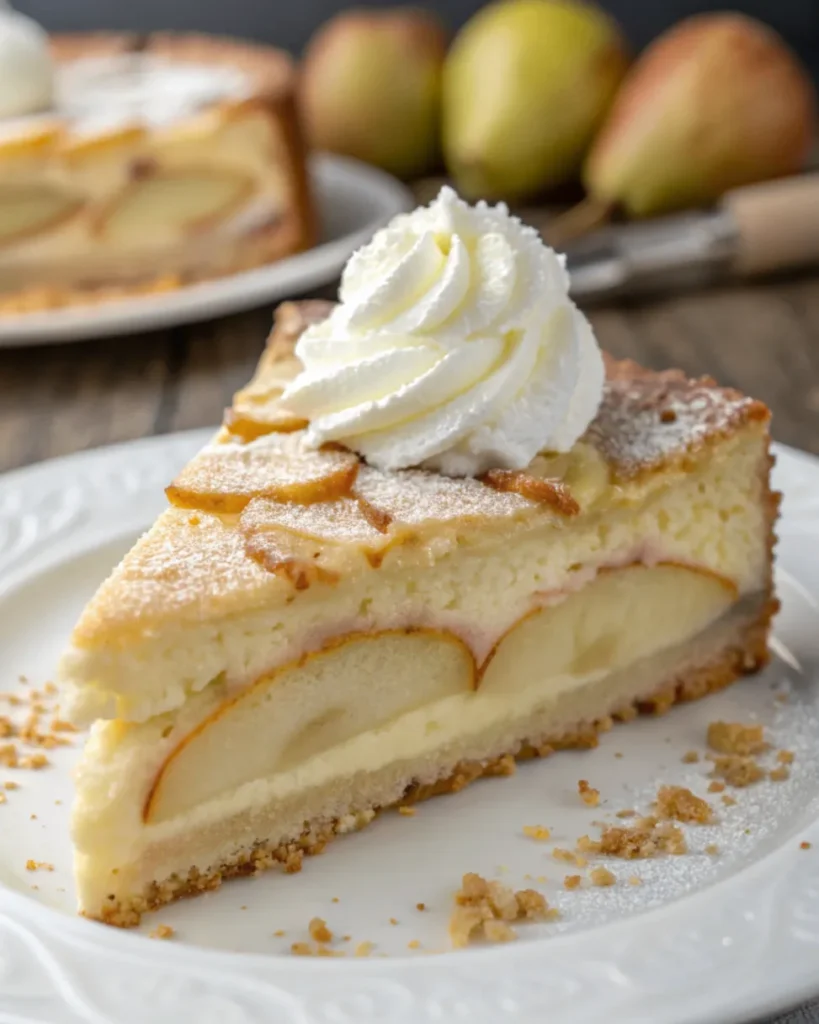 Frisch gebackener Birnen Creme Kuchen auf einer weißen Tortenplatte, mit lockeren Biskuitschichten, cremiger Vanillefüllung und frischen Birnenscheiben