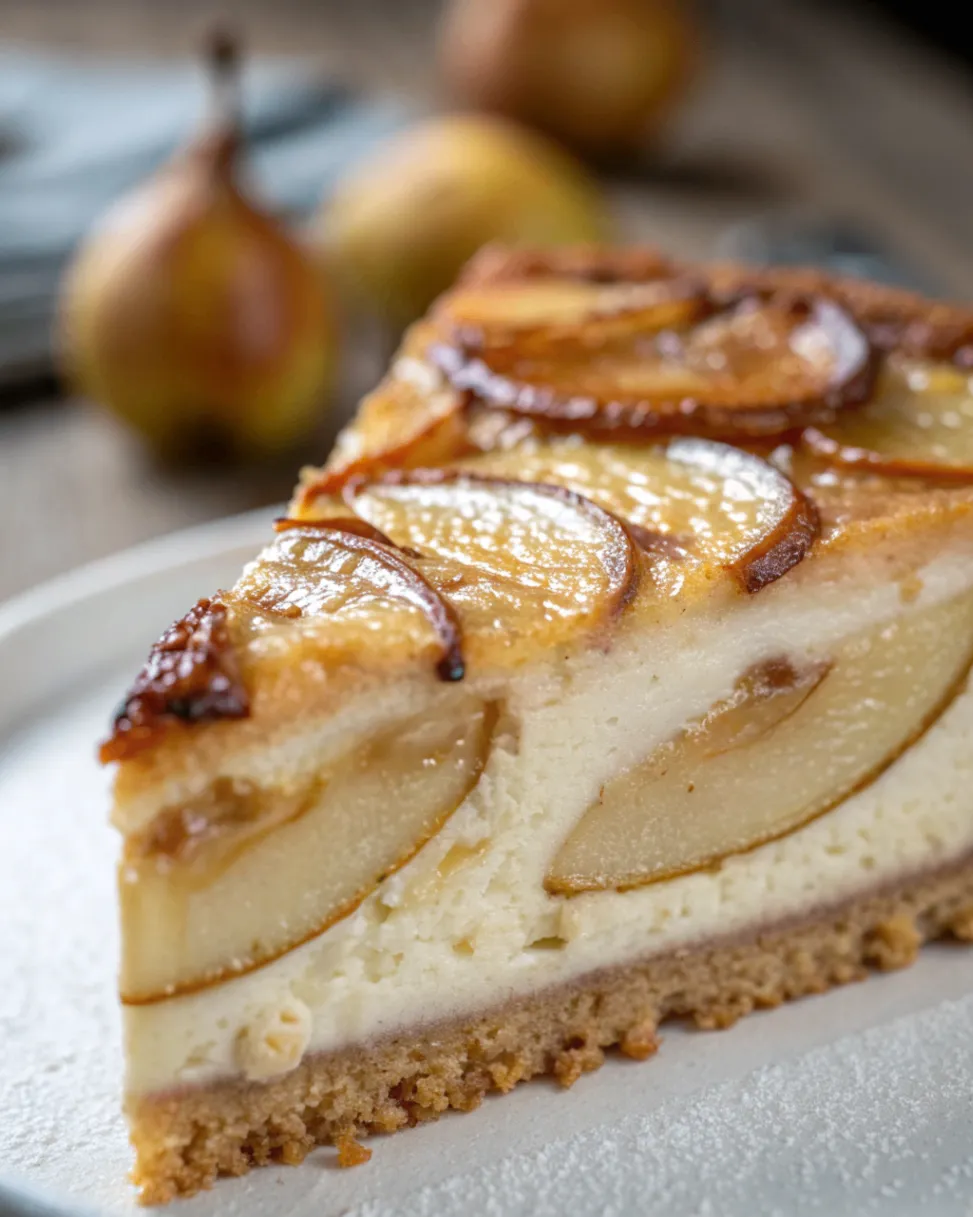 Frisch gebackener Birnen Creme Kuchen auf einer weißen Tortenplatte, mit lockeren Biskuitschichten, cremiger Vanillefüllung und frischen Birnenscheiben