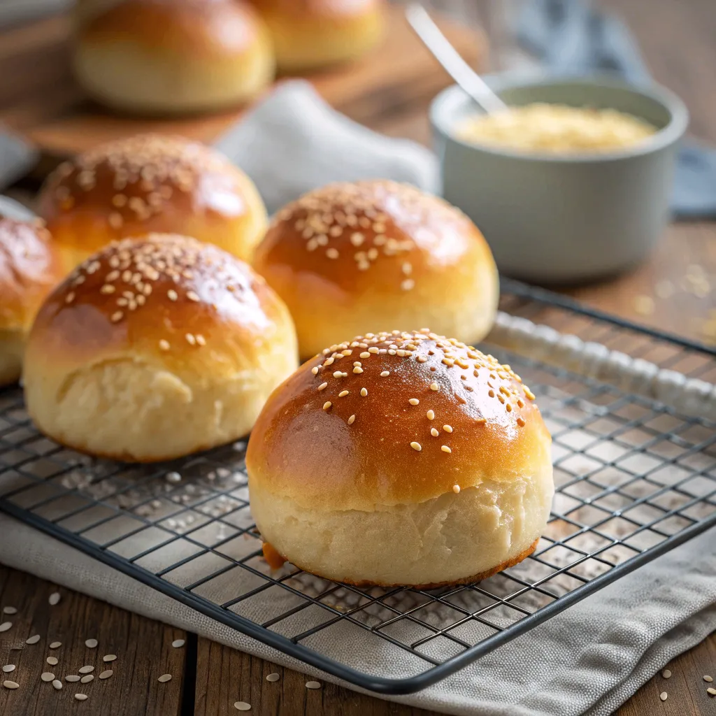 Frisch gebackene Brioche Burger Buns mit goldener Kruste und Sesam auf Holzuntergrund