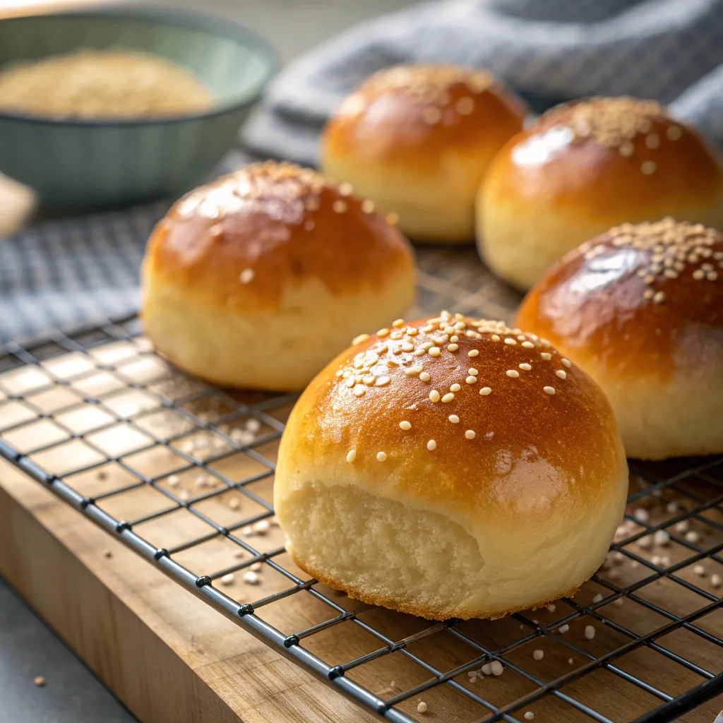 Frisch gebackene Brioche Burger Buns mit goldener Kruste und Sesam auf Holzuntergrund