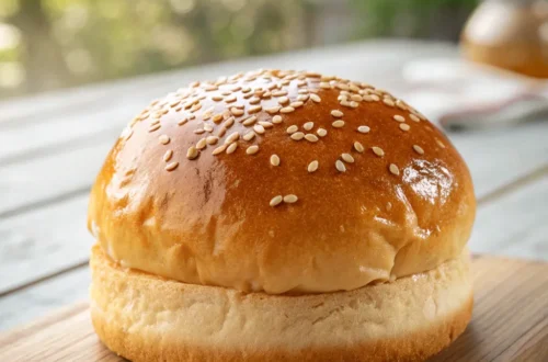 Frisch gebackene Brioche Burger Buns mit goldener Kruste und Sesam auf Holzuntergrund