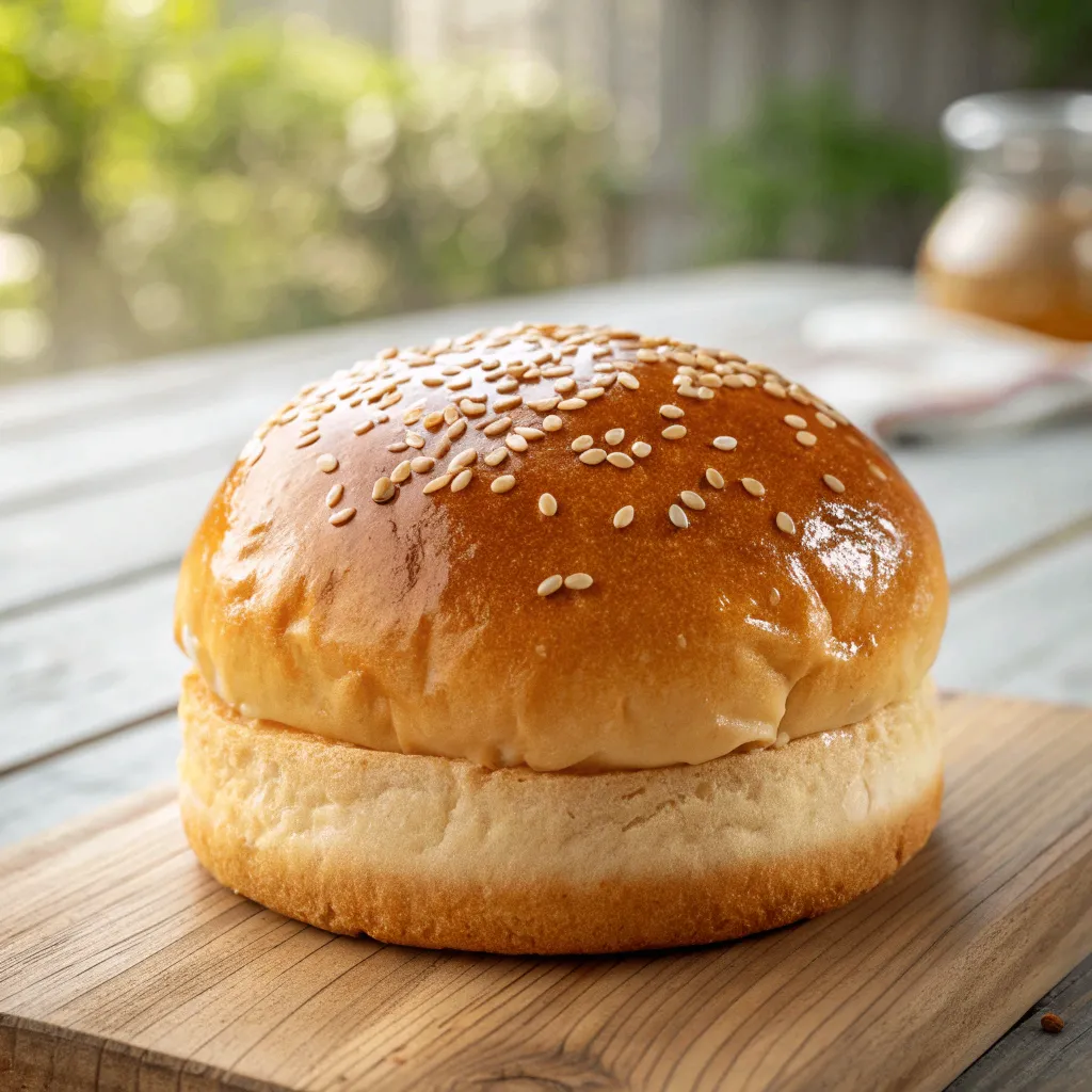 Frisch gebackene Brioche Burger Buns mit goldener Kruste und Sesam auf Holzuntergrund