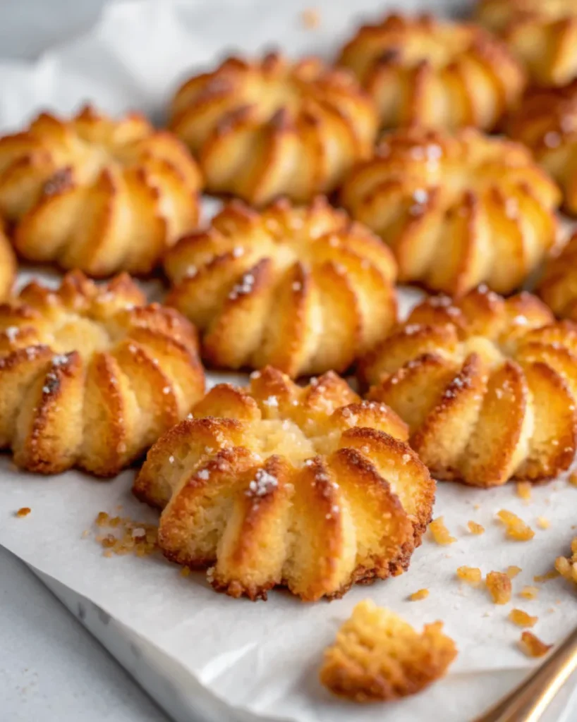 Knuspriges Eierlikör Spritzgebäck auf einem Teller, goldbraun gebacken, verziert mit Puderzucker und Schokolade