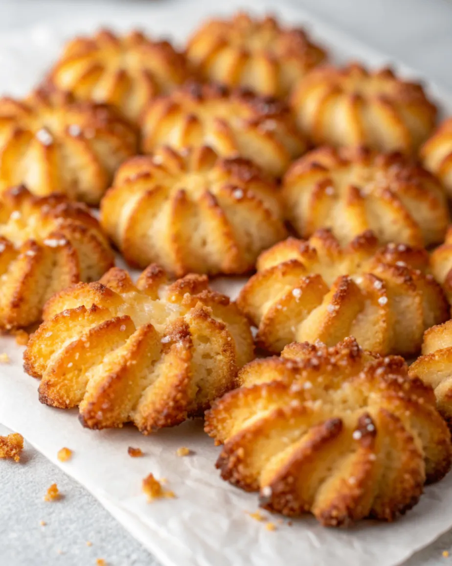 Knuspriges Eierlikör Spritzgebäck auf einem Teller, goldbraun gebacken, verziert mit Puderzucker und Schokolade